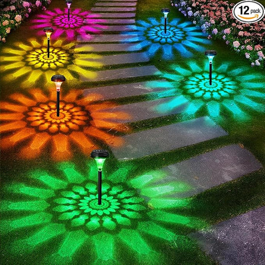Solar Pathway Lights 12 Pack, Outdoor Solar Garden Yard Light RGB Color Changing+Warm White IP67 Waterproof, Solar Powered Garden Lights for Walkway Yard Backyard Lawn Landscape