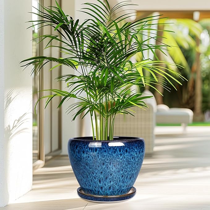 10 Inch Ceramic Planter Pot, Ceramic Plant Pot for Indoor Outdoor Plants, Large Flower Pot with Drainage Hole and Saucer, Blue