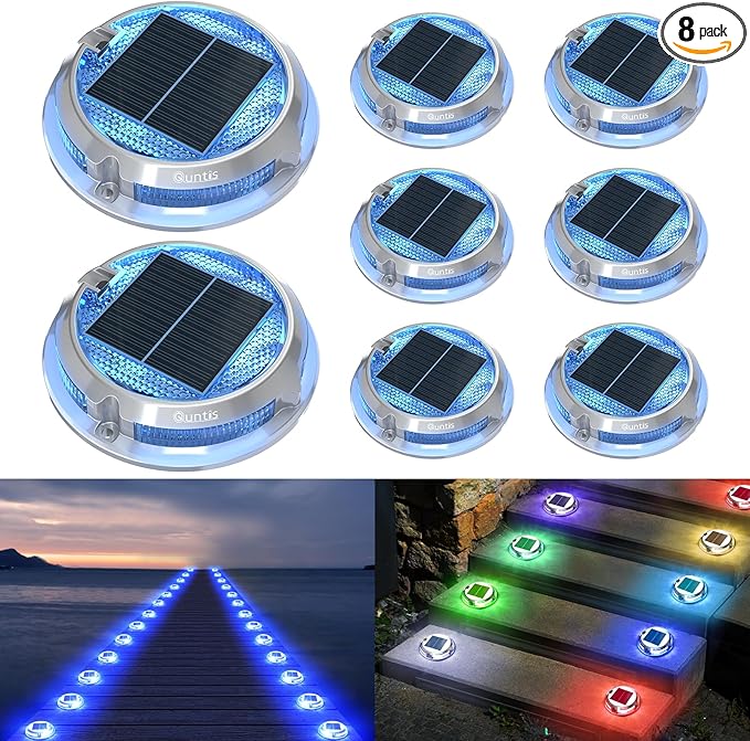 Quntis RGB Solar Deck Lights 8 Pack, 11 Lighting Modes Solar Driveway Lights Outdoor Waterproof IP68, Step Lights for Outside Stair Pathway Walkway