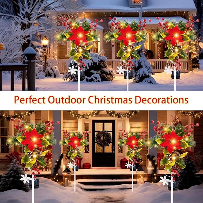 4 Pack Solar Christmas Decorations Outdoor, 32 Inch Solar Christmas Cross Stake Lights, Waterproof Grave Decorations with Poinsettia Flower Pinecones Red Berries for Garden Yard Patio Lawn Cemetery