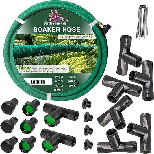 3/8inchx 100ft Soaker Hose Kit,Green Rubber Hose Water Saving up to 70%,Durable Flexible Soaker Hose that irrigation for Patio Lawn,Trees,Vegetables and Flowers
