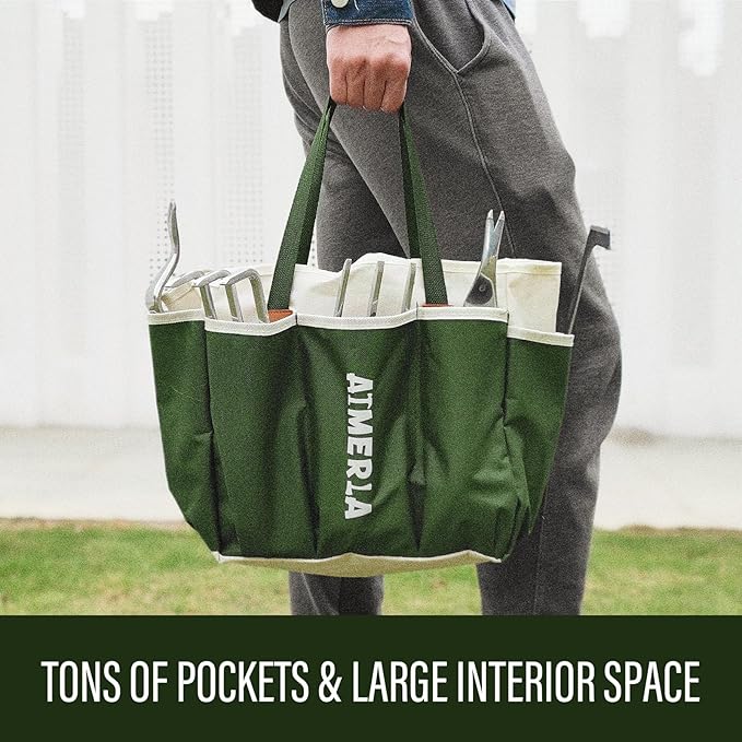 Gardening Tools Set of 9 Heavy Duty Garden Tools with Non-Slip Rubber Grip with Large Garden Bag for Tools Durable Hand Tools for Gardening, Weeding,Gardening Gifts for Women,Men (Dark Green)