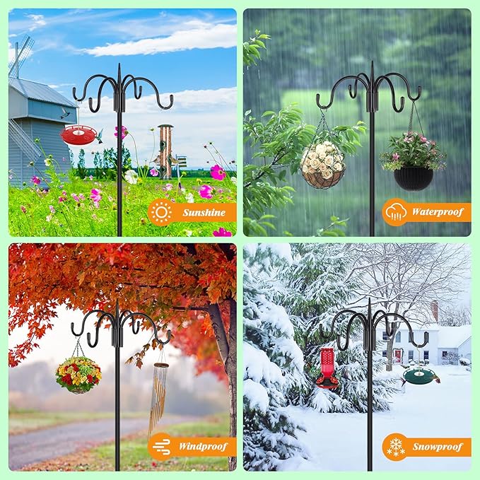 FEED GARDEN [Upgrade Version 92 Inch Four Shepherd Hooks for Outdoor,Bird Feeder Pole with 5 Prong Base, Adjustable Shepard Hooks for Hanging Plant, Solar Lanterns, Wind Chimes, 2 Pack