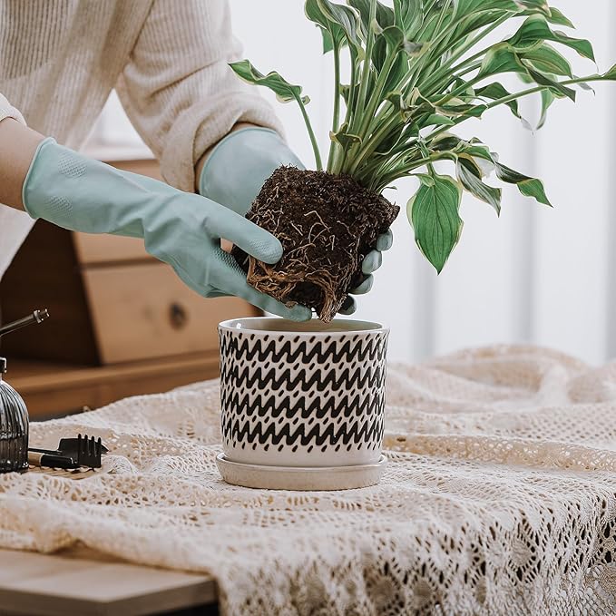 6 Inch Plant Pots: Ceramic Planter Pot with Drainage Hole & Saucer - Planters for Indoor/Outdoor Plants - Flower Pot with Bonded Tray for Home/Office - Wave Stripe Debossed