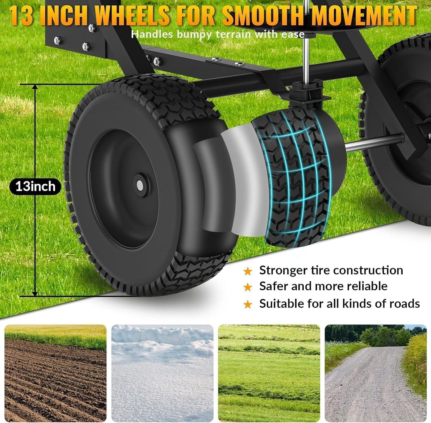 Tow Behind Broadcast Spreader, 200 LB Capacity,Fertilizer Spreader Holds up to 550 lbs with 13" Pneumatic Tires and Adjustable Flow Control Lever,for Fertilizer, Grass Seed, Salt, Ice Melt, Lawn