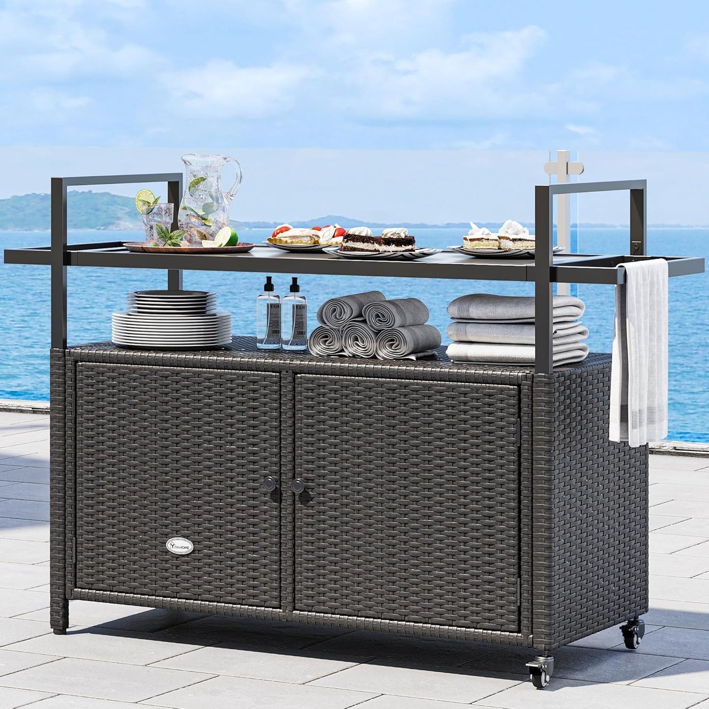 YITAHOME Large Outdoor Kitchen Wicker Island Rolling Cart, Patio Bar Table with Thickened Frame, Patio Storage Cabinet w/Wheels and Black Glass Table Top Backyard and Poolside Dark Brown