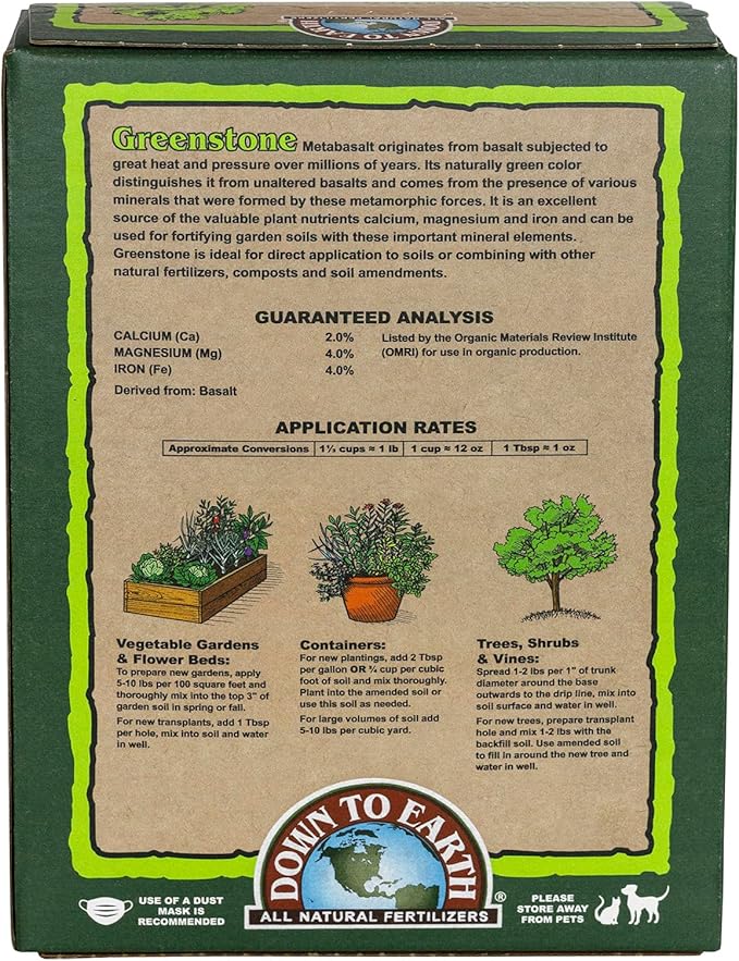 Down to Earth All Natural Greenstone Metabasalt, 5 lb Mineral Elements Iron, Calcium, Magnesium for Organic Garden Soil