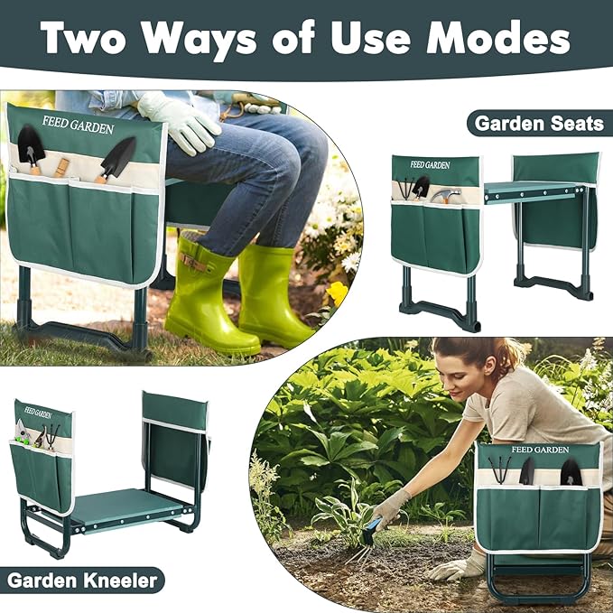 FEED GARDEN Garden Kneeler and Seat, Garden Stool with 10" Wide Soft Kneeling Pad, Heavy Duty Gardening Bench Chair with 2 Tool Pouches, Gardening Gifts for Women Seniors Women Mom Men, Green