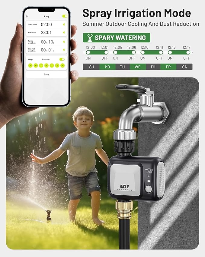 WiFi Sprinkler Timer, Unistyle Programmable Smart Water Timer, WiFi Irrigation Controller with Rain Delay/Auto Mode/Manual, Outdoor Hose Timer for Lawns, Yards and Garden