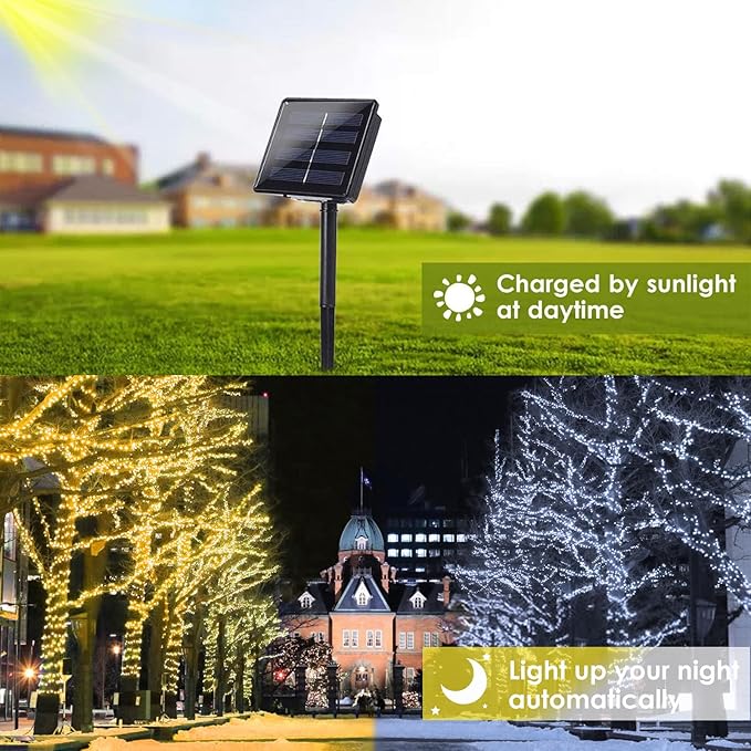 (Warm White ⇋ Cool White) Solar Christmas String Lights Outdoor, 2-Pack Total 80FT 200 LED Solar Twinkle Lights, Waterproof Copper Wire 8 Modes Solar Fairy Lights for Garden Tree Christmas Party Decor
