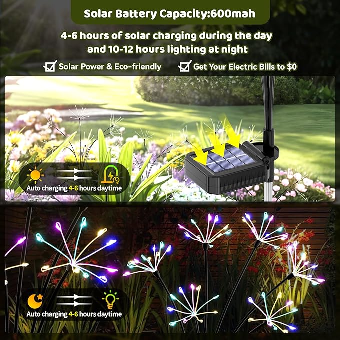 Solar Garden Lights 4 Pack, 240LED Flickering Firework Lights with 2 Light Modes, Waterproof Solar Lights for Pathway Yard Outdoor Garden Decor, Flower Lights for Women Mother’s Day, Multiple Colors
