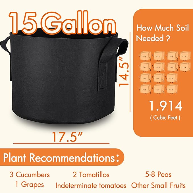 Gardzen 6-Pack 15 Gallon Grow Bags, Aeration Fabric Pots with Handles, Heavy Duty Cloth Pots for Plants