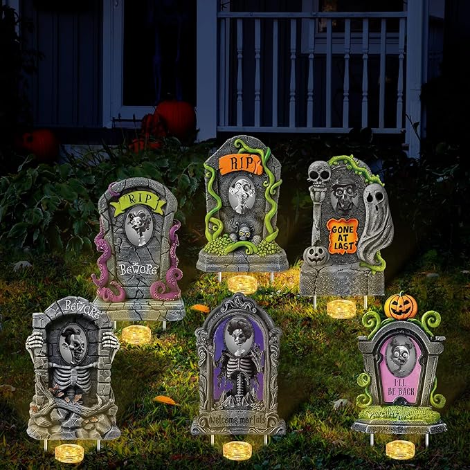 Hiboom 6 Set Large Halloween 3D Changing Face Rip Graveyard Tombstones and 23.6x15.7 Inch Halloween Skeleton Headstone 6 Pcs LED String Lights Halloween Decoration for Yard Garden Lawn