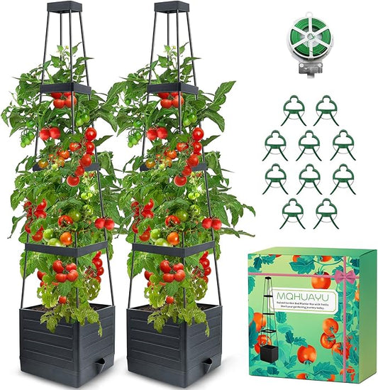 2Pack Raised Garden Bed Planter Box with Trellis, 57" Self-Watering Tomato Cage Planters for Climbing Plants Vegetable Vine Flowers Outdoor & Indoor (57x9.8x9.8IN)