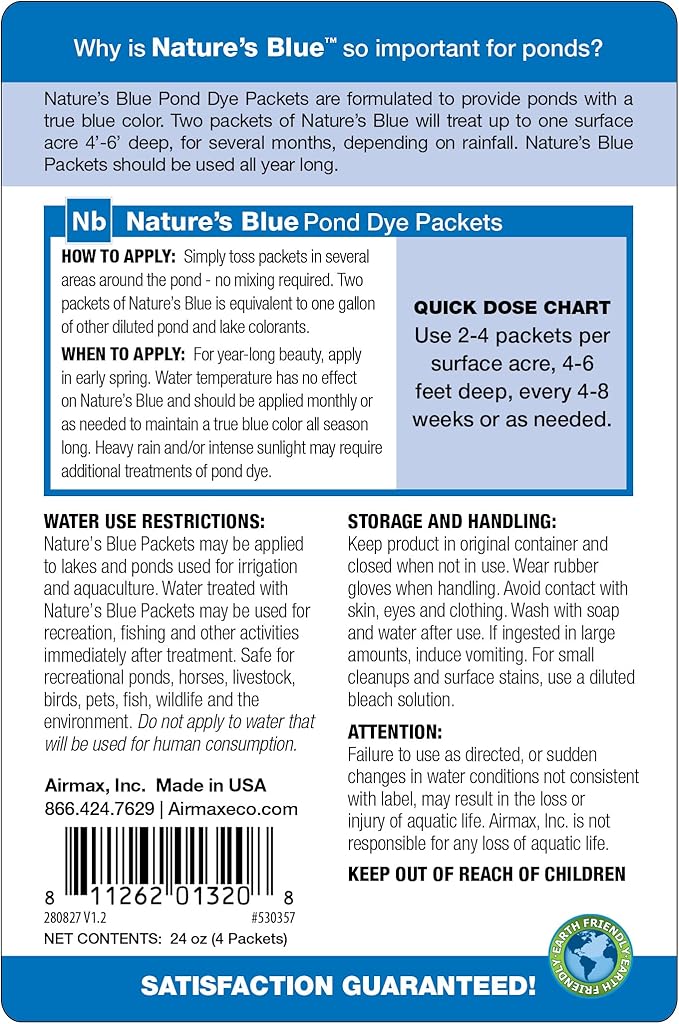 Airmax Pond Dye Packets Nature's Blue Colorant for Large Pond & Lake, Beneficial UV Blocking Color Concentrate, Maintain Clean & Clear Pond, Fish, Bird & Animal Safe, Easy Treatment, 2 Soluble Packets