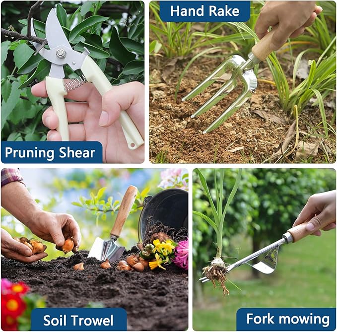 Garden Tool Set, Stainless Steel Gardening Kit, with Large Capacity Garden Tool Bag, Outdoor Hand Tools, Black Grey Garden Tool Kit for Women and Men