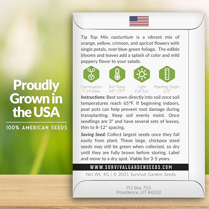 Survival Garden Seeds - Tip Top Mix Nasturtium Seed for Planting - 1 Pack with Instructions to Plant and Grow Edible Flowers & Companion Plants in Your Home Vegetable Garden - Non-GMO Heirloom Variety