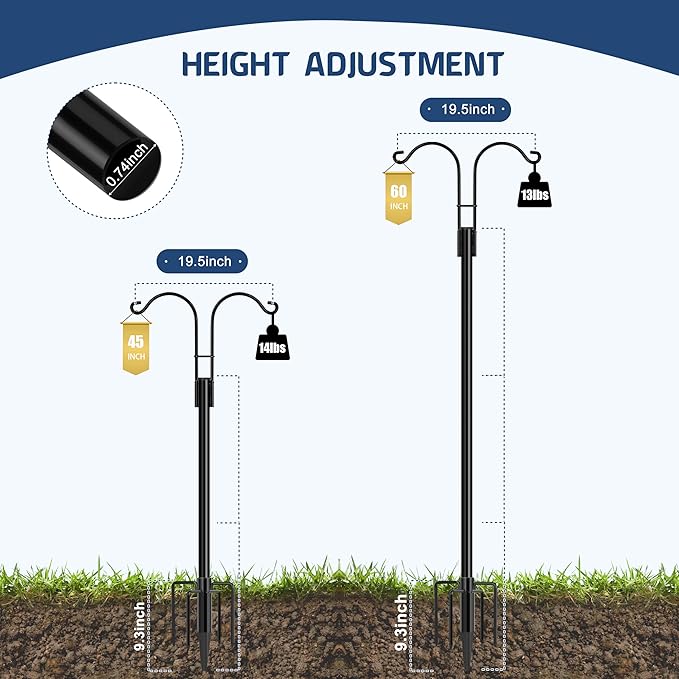 Ottsuls Bird Feeder Pole, 2 Pack 60 INCH Double Shepherds Hooks for Outdoor, Garden Pole with 5 Base Prongs Heavy Duty Planter Hooks for Hanging Plant Baskets, Lantern, Hummingbird Feeder