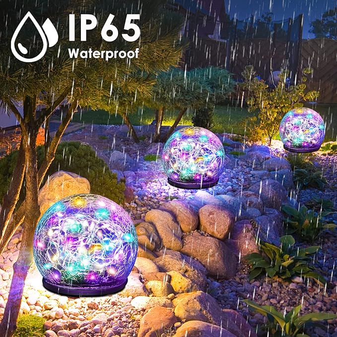 Solar Garden Lights - 2 Pack 80 LED Multi-Color Cracked Glass Outdoor Decorative Lights for Yard, Pathway, Patio, Lawn & Christmas Decor - 5.9"