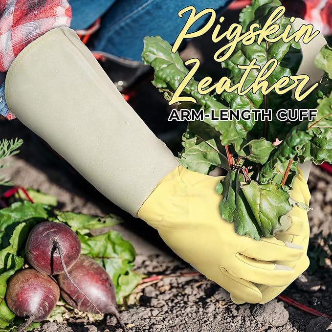 HANDLANDY Pruning Gloves Long for Men & Women, Rose Thorn Proof Gardening Gloves- Gardening Gifts for Gardeners (Beige- goatskin, Large (Pack of 1))