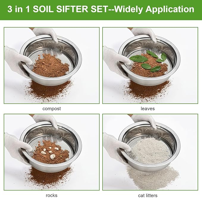 Soil Sieve Sifter Set Stainless Steel,Garden Sieve Set with 3 Interchangeable Mesh 1,3,5mm,Sifting Screen for Dirt, Sand, Rock, Filtration, Compost, with Soil Scoops Gardening Tool