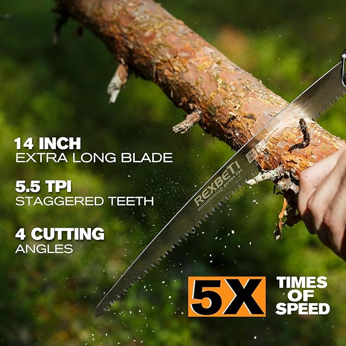 REXBETI Folding Saw, Extra Long 14 Inch Blade Backpacking Saw for Hiking Camping, Dry Wood Trimming Pruning Saw With 4 Cutting Angle Hard Teeth, Large Folding Saw with SK-5 Steel