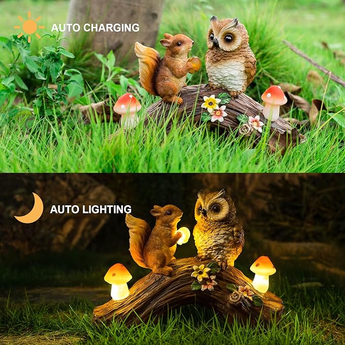 Solar Owl Garden Statues Outdoor Decor Resin Owl Squirrel Figurine with Mushroom Lights for Patio Lawn Yard Decorations Christmas Housewarming Gardening Gifts for Women Mom