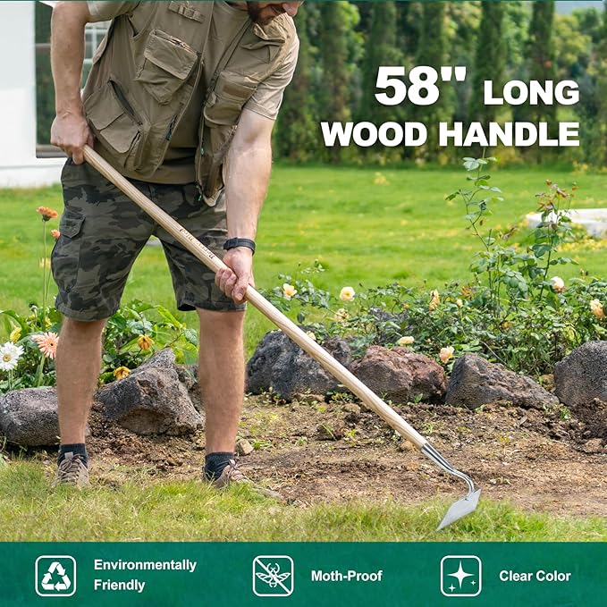 Berry&Bird Flat Edge Garden Hoe, 58'' Hoes Garden Tool with Long Wood Handle, Stainless Steel Weeding Hoe, Heavy Duty Weeder Hoe Tool for Gardening Digging Soil Loosening, Edging & Cultivating
