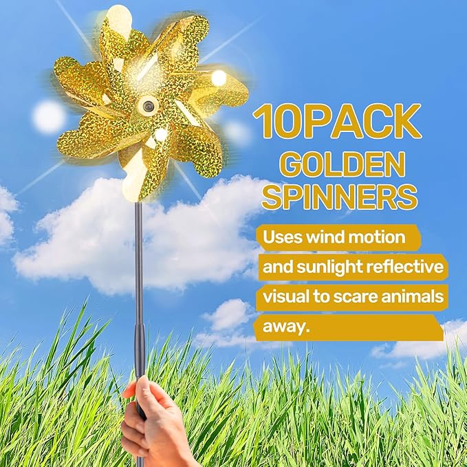 BATTIFE Golden Pinwheels for Garden, 10 Pack Reflective Wind Spinner to Scare Birds Away, Sparkly Pinwheel Deterrent, Outdoor Gold Pinwheel for Lawn and Patio