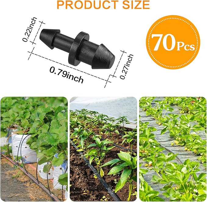 70 Pack Drip Irrigation Universal 1/4" Barbed End Plug Fittings, Barbed Connectors for Drip or Sprinkler System