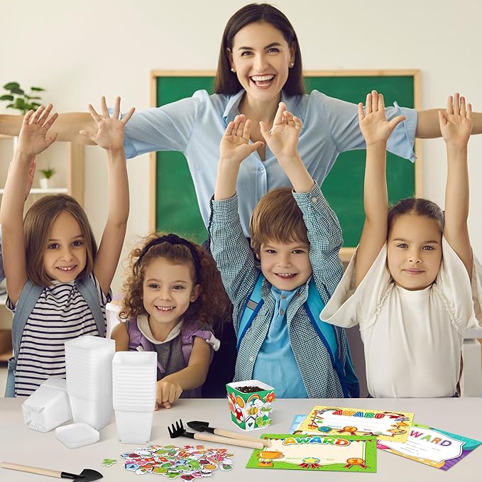 Elcoho 36 Set Garden Plastic Pot Craft Kit Plant Spring Craft Kits for Kids Flower Pots with 150 Foam Stickers 36 Labels 24 Certificate of Awards 3 Tools Planting Growing Kit for Kids, White