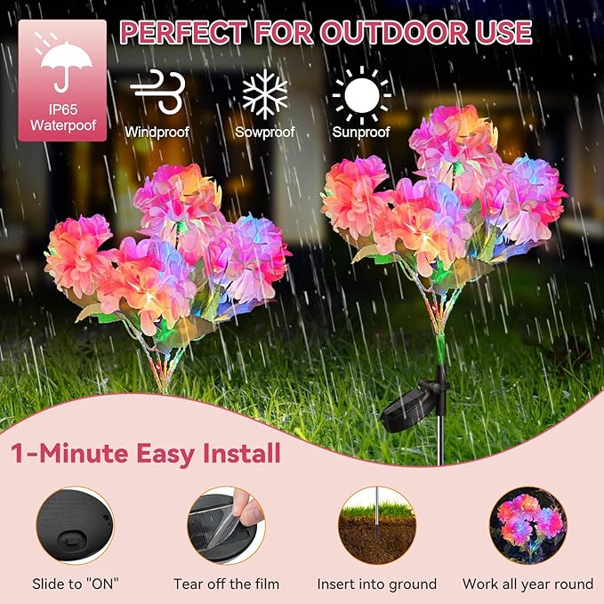 Neporal Solar Flowers Outdoor Waterproof IP65, 2PK 5-Head Hydrangea with 4-Color Light & 2 Lightning Modes, Solar Garden Lights Outdoor Waterproof for Garden, Yard,Pathway, Gardening Gifts for Women