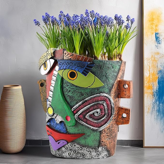 Picasso Brutalist Abstract Beauty Face Flower Pot Ornaments Abstract Face Flower Pots Abstract Head Planter Pots Container Colorful Face Art Abstract Resin Flower Pot (Picasso abstract flowerpot)