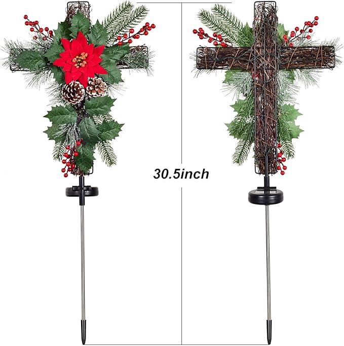 2 Pack Outdoor Solar Lights Christmas Decorations, Cross Stake Lights with Faux Poinsettia Pine Cones Red Berries and Foliage for Garden Patio Grave