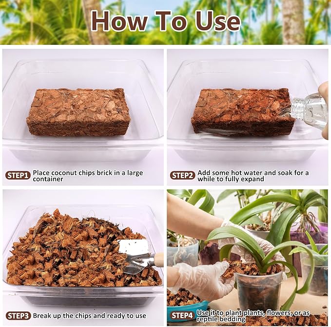 Legigo 4 Pack Coco Husk Chips- 4.4 LB 100% Organic Coconut Coir Chips Brick Potting Soil Mix with Low EC & PH Balance, Compressed Coconut Substrate Coco Chips Mulch Medium for Garden, Flowers, Plants