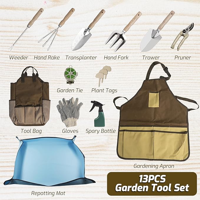 13 PCS Garden Tool Set with Wood Handle, Repotting Mat, Gardening Apron, Storage Bag Tote, Gardening Gift for Women