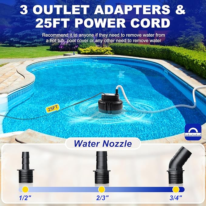 Pool Cover Pump above Ground-Submersible Sump Pump Swimming Water Removal Pumps, Sump Pump for Pool Draining with 16ft Drainage Hose & 25 ft Extra Long Power Cord,850 GPH,3 Adapters-Black