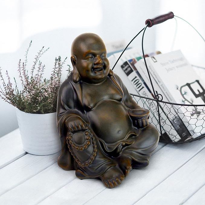 Design Toscano Laughing Asian Man Happy Hotei Garden Statue, Medium, 8 inches wide, 9 inches tall, Cast Stone Resin, Green Bronze Finish