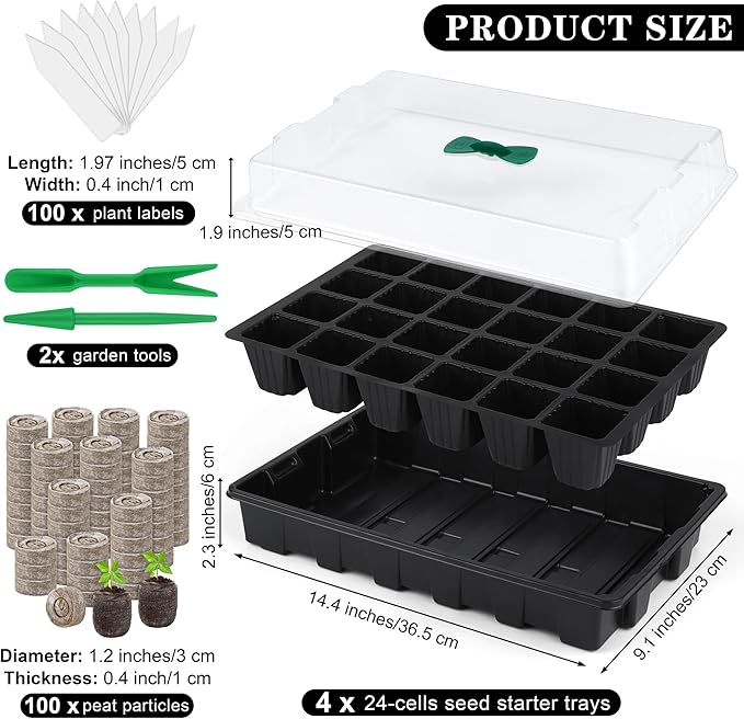 4 Pack 24-Cells Seed Starter Tray Kit Germination Tray with Humidity Dome and Base, Plant Growing Kit Germination Starter Including Peat Pellets, Plant Labels, Tool for Indoor Outdoor, Black