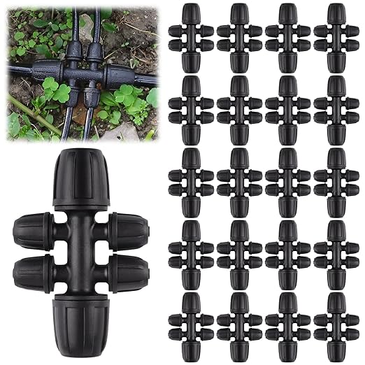 20PCS Locked Barbed Tee Connectors, Kalolary 5/16 Inch to 1/4 Inch Drip Irrigation Fittings Kit 8/12mm to 4/7mm Tube Lock Female Connector 6-Way Barbed Lock Irrigation Parts for Garden Watering System