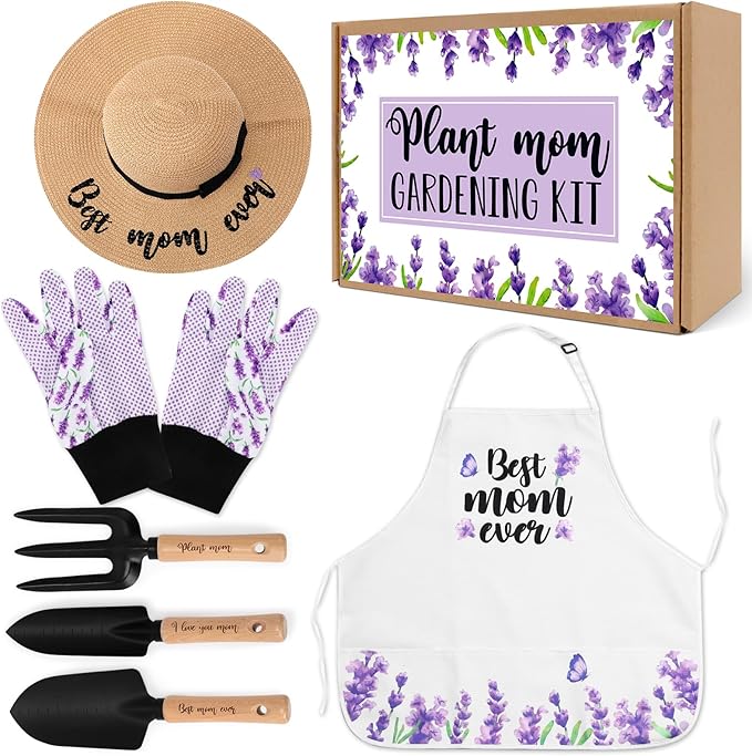 Percozzi Gifts for Mother‘s day Gardening Tools Kit Planting Tools Lavender Straw Hat Floral Apron Glove Women Birthday Spring Mother's Day Basket for Her Mother Outdoor Yard Lawn Horticulture Starter