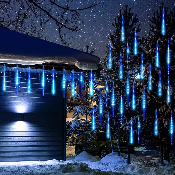 Solar Meteor Shower Lights Outdoor - 576 LED Rain Drop Lights with 16 Tubes, 16 Inches - Solar Powered Christmas Decorations for Tree Bushes Holiday Party Christmas Decor, Blue