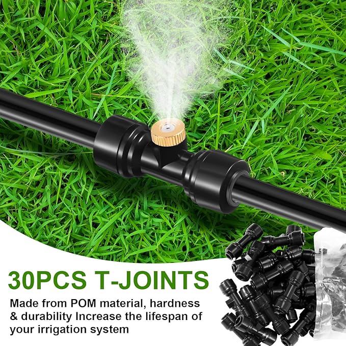 30 Pcs 1/4" Drip Irrigation Tee Connectors for Drip Tube Quick Connect Drip Irrigation Parts Fittings for 1/4 Inch(6.35mm) Irrigation Tubing Drip or Sprinkler (Black,Misting Nozzle)