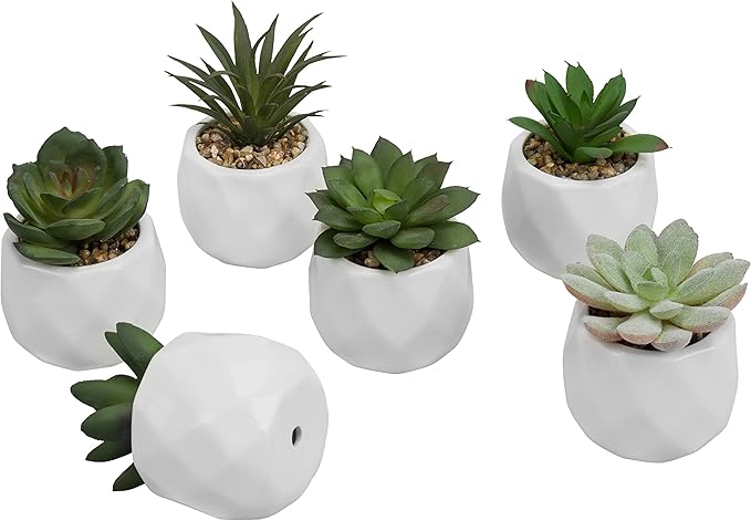 MyGift Mini Assorted Green Faux Succulent, Indoor Fake Plants in Geometric Ceramic Pots, Set of 6