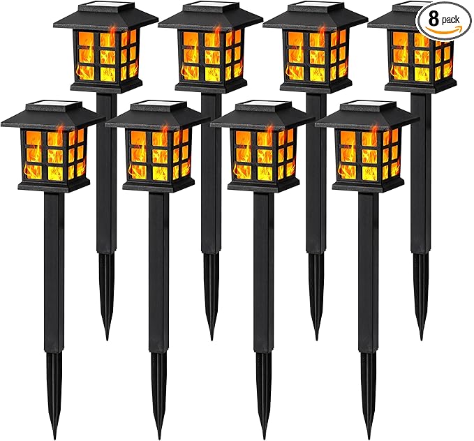 GIGALUMI Solar Lights for Outside,8 Pack Flickering Flame LED Solar Outdoor Lights, Waterproof Solar Garden Lights Maintain 10 Hours of Lighting for Christmas, Garden, Landscape, Path, Yard, Patio