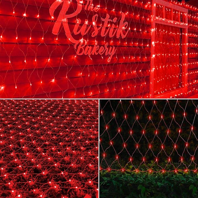 LJLNION Christmas Net Lights, 360 LED 12ft x 5ft Connectable Mesh Fairy String Lights, 8 Lighting Modes, Low Voltage Safe Adaptor for Xmas Trees Bushes Wedding Outdoor Holiday Garden Decorations, Red