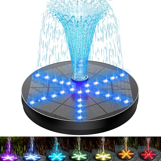 SZMP Solar Fountain Upgraded, 4W Bird Bath Fountain Pump with 7 Colors Lights, 7 Nozzle & 4 Fixer, 4000 Battery, Solar Water Fountain for Garden, Pool, Pond, Fish Tank