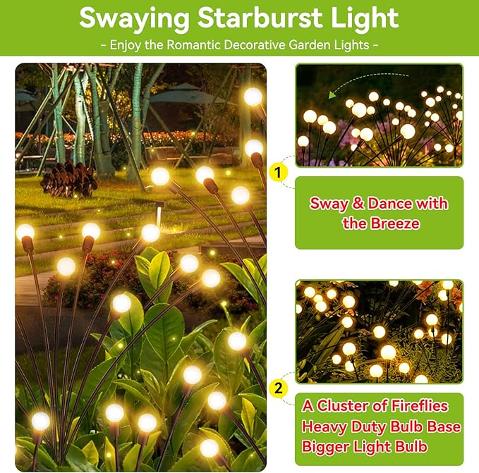 Solar Garden Lights Outdoor Waterproof, 2 Pack 16 LED Decorative Solar Swaying Lights, Solar Firefly Lights Outdoor Garden Decor Lights for Garden Gifts for Pathway Party Christmas, Warm White