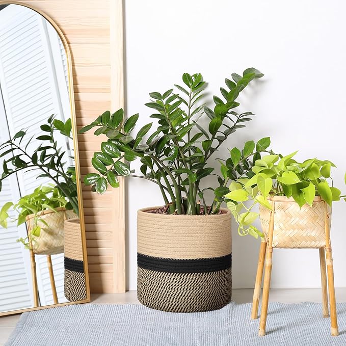 Plant Basket with Stand Indoor Planter Pot Holder Sturdy Jute Rope Modern Woven Basket, Cotton Rope Woven Pot with Bamboo Stand(10 Inch,Black and Beige Stripes)
