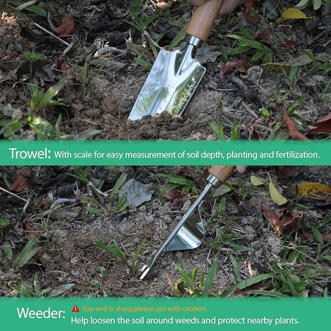 LeMotech Garden Tool Set, 2Pcs Gardening Hand Tools, Stainless Steel Transplant Shovel and Weeder with Beech Handle, Outdoor Gardening Kit for Women Men